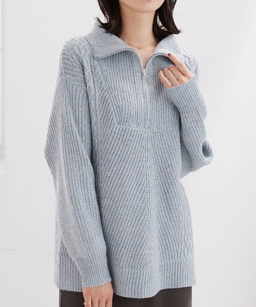 BELLUNA PLUS(ベルーナ)の「ハーフジップ使い編地切替ニットチュニック(チュニック・レディース・ラベンダー/アイボリー/ライトブルー・MEDIUM/LARGE/X-LARGE)」の1枚目の写真