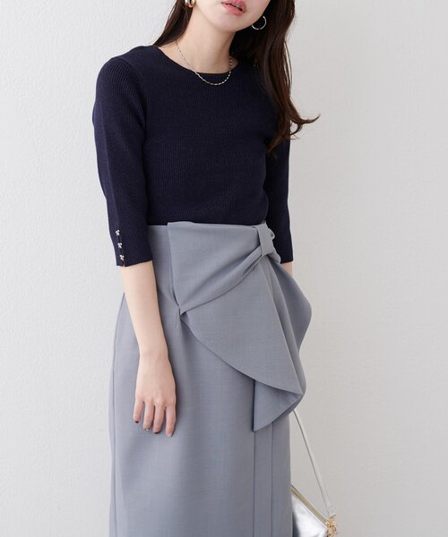 natural couture(ナチュラルクチュール)の「【1/1~4限定受注販売】〈mizumami〉リボンチャーム5分袖ニット(ニット/セーター・レディース・アイボリー/イエロー/ピンク/ブルー/ネイビー/ブラック・FREE)」の11枚目の写真