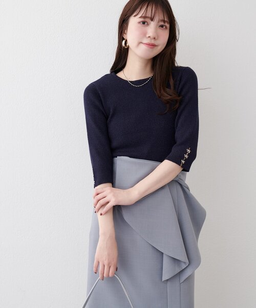 natural couture(ナチュラルクチュール)の「【1/1~4限定受注販売】〈mizumami〉リボンチャーム5分袖ニット(ニット/セーター・レディース・アイボリー/イエロー/ピンク/ブルー/ネイビー/ブラック・FREE)」の12枚目の写真