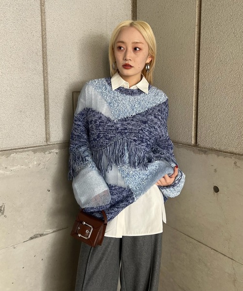 DOCKING PATTERN FRINGE KNIT（ニット/セーター）｜Ameri（アメリ）の