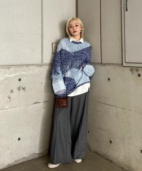 Ameri（アメリ）の「DOCKING PATTERN FRINGE KNIT（ニット/セーター