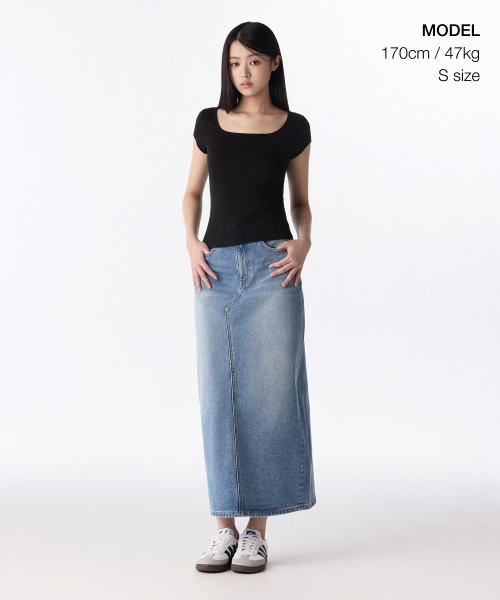 MUSINSA STANDARD WOMAN（ムシンサスタンダードウーマン）の「ウィメンズデニムマキシスカート[ライトインディゴ]（スカート・レディース・その他・LARGE/MEDIUM/SMALL/X-SMALL）」の2枚目の写真
