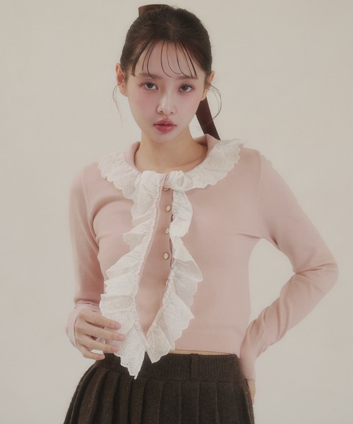 fupel（フぺル）の「cotton lace frill tie knit tops / コットンレースフリルタイニットトップス（ニット/セーター・レディース・アイボリー/ピンク・FREE）」の2枚目の写真