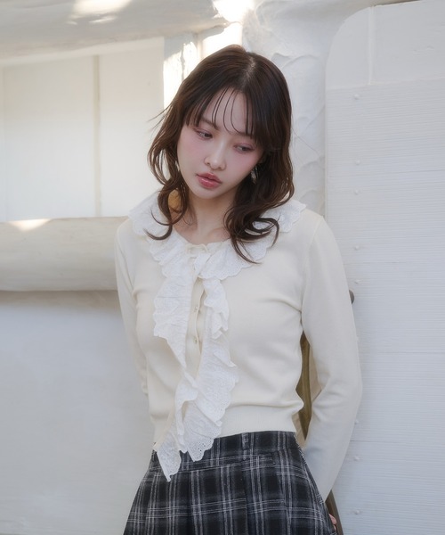 fupel（フぺル）の「cotton lace frill tie knit tops / コットンレースフリルタイニットトップス（ニット/セーター・レディース・アイボリー/ピンク・FREE）」の8枚目の写真