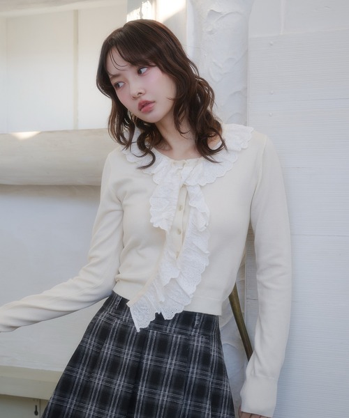 fupel（フぺル）の「cotton lace frill tie knit tops / コットンレースフリルタイニットトップス（ニット/セーター・レディース・アイボリー/ピンク・FREE）」の7枚目の写真