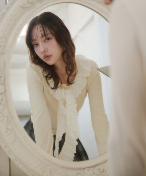 fupel（フぺル）の「cotton lace frill tie knit tops / コットンレースフリルタイニットトップス（ニット/セーター・レディース・アイボリー/ピンク・FREE）」の12枚目の写真