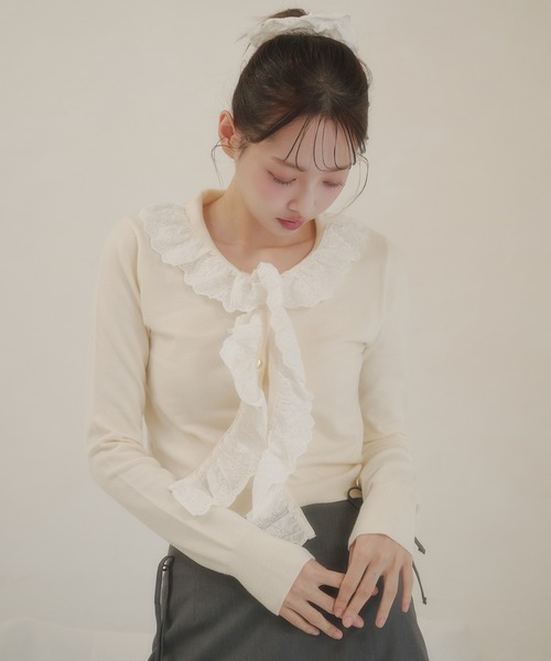 fupel（フぺル）の「cotton lace frill tie knit tops / コットンレースフリルタイニットトップス（ニット/セーター・レディース・アイボリー/ピンク・FREE）」の11枚目の写真