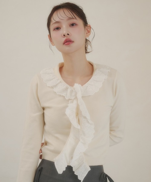 fupel（フぺル）の「cotton lace frill tie knit tops / コットンレースフリルタイニットトップス（ニット/セーター・レディース・アイボリー/ピンク・FREE）」の9枚目の写真