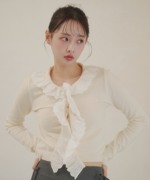 fupel（フぺル）の「cotton lace frill tie knit tops / コットンレースフリルタイニットトップス（ニット/セーター・レディース・アイボリー/ピンク・FREE）」の10枚目の写真