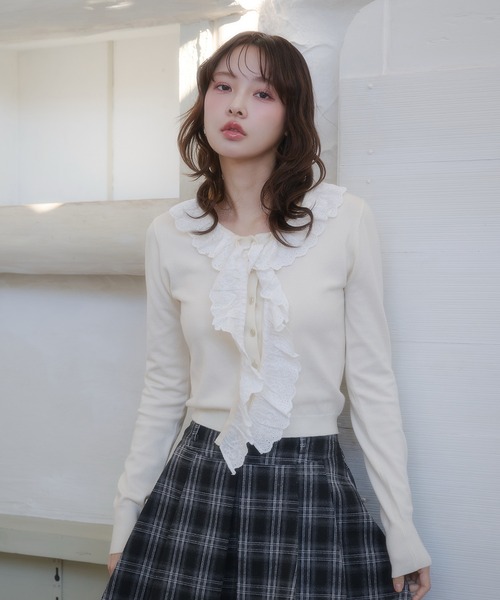 cotton lace frill tie knit tops / コットンレースフリルタイニット