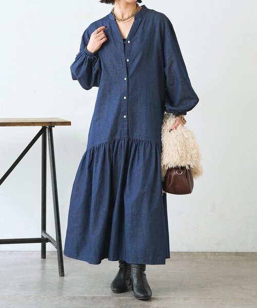 Jena espace merveilleux（ジェナ　エスパスメルヴェイユ）の「【体系カバー◎/デニム風】コットンリネンカーブワンピース（ワンピース・レディース・ブラック/ブルー・FREE）」の2枚目の写真