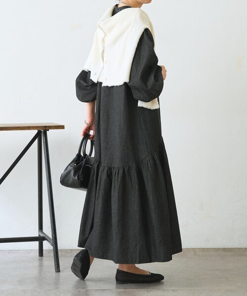 Jena espace merveilleux（ジェナ　エスパスメルヴェイユ）の「【体系カバー◎/デニム風】コットンリネンカーブワンピース（ワンピース・レディース・ブラック/ブルー・FREE）」の6枚目の写真