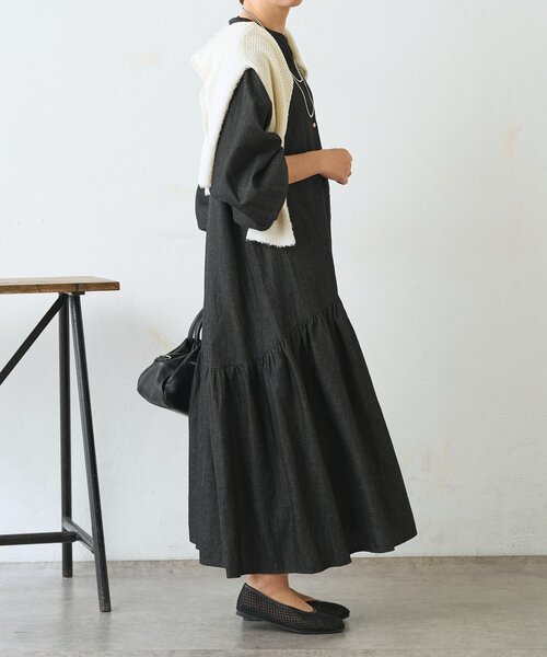 Jena espace merveilleux（ジェナ　エスパスメルヴェイユ）の「【体系カバー◎/デニム風】コットンリネンカーブワンピース（ワンピース・レディース・ブラック/ブルー・FREE）」の8枚目の写真