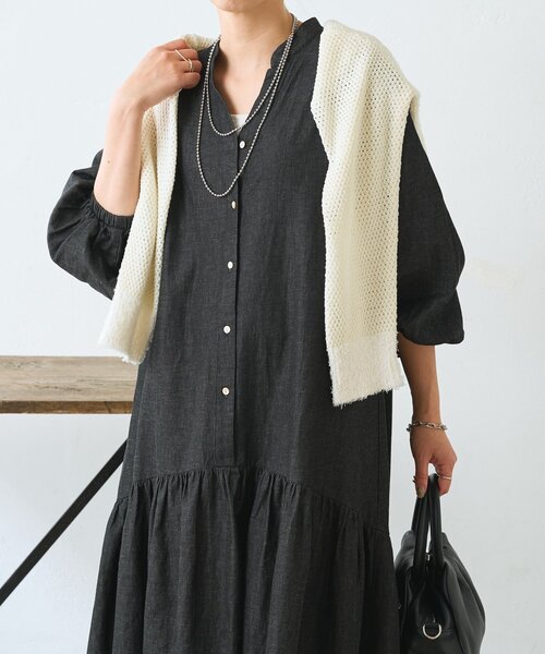 Jena espace merveilleux（ジェナ　エスパスメルヴェイユ）の「【体系カバー◎/デニム風】コットンリネンカーブワンピース（ワンピース・レディース・ブラック/ブルー・FREE）」の9枚目の写真