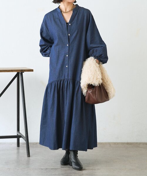 Jena espace merveilleux（ジェナ　エスパスメルヴェイユ）の「【体系カバー◎/デニム風】コットンリネンカーブワンピース（ワンピース・レディース・ブラック/ブルー・FREE）」の19枚目の写真