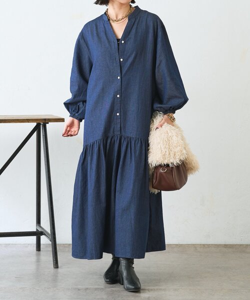 Jena espace merveilleux（ジェナ　エスパスメルヴェイユ）の「【体系カバー◎/デニム風】コットンリネンカーブワンピース（ワンピース・レディース・ブラック/ブルー・FREE）」の20枚目の写真