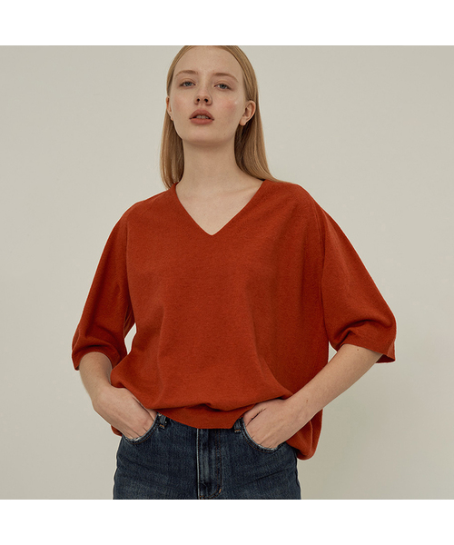 VASCARA（バスカラ）の「V-Neck Half Sleeves Knitwear (7colors)（ニット/セーター・レディース・カーキ/ブラック/ライトブラウン/パープル/ブラウン/レンガ/ライトグレー・FREE）」の7枚目の写真