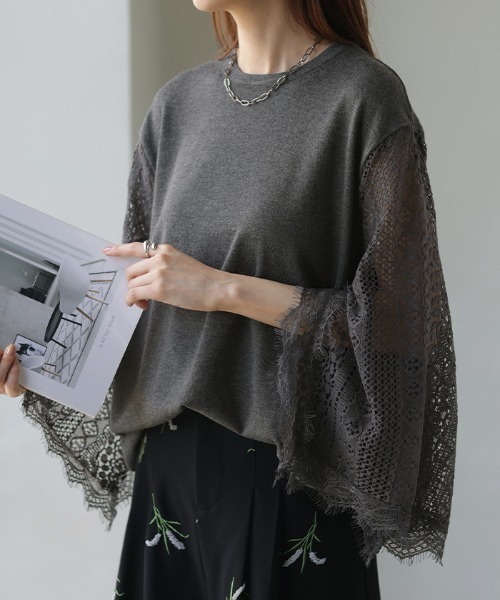 HUG.U(ハグユー)の「レース袖ドッキングニット(Tシャツ/カットソー・レディース・ダークグレー/ホワイト/ブラック・FREE)」の3枚目の写真