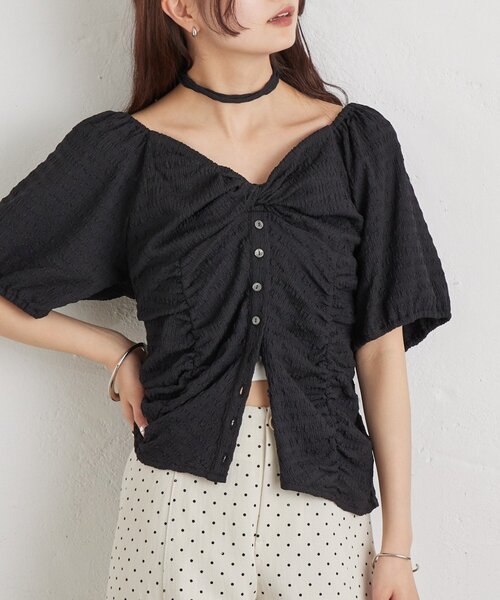 mystic（ミスティック）の「ハートネックパフブラウス（シャツ/ブラウス・レディース・オフホワイト/ブラック/グリーン・FREE）」の2枚目の写真