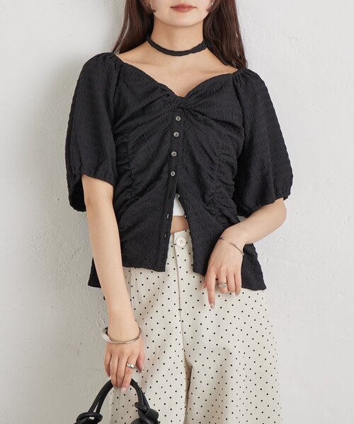 mystic（ミスティック）の「ハートネックパフブラウス（シャツ/ブラウス・レディース・オフホワイト/ブラック/グリーン・FREE）」の9枚目の写真