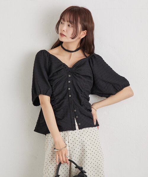 mystic（ミスティック）の「ハートネックパフブラウス（シャツ/ブラウス・レディース・オフホワイト/ブラック/グリーン・FREE）」の7枚目の写真