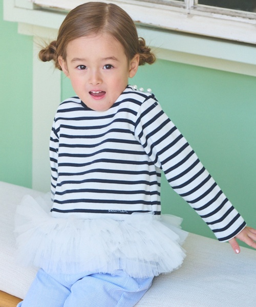 petit main（プティマイン）の「【リンク】ボーダーペプラム長袖Tシャツ（Tシャツ/カットソー・キッズ・ネイビー/ピンク/ブラウン・130cm/120cm/100cm/110cm/90cm/80ｃｍ）」の3枚目の写真