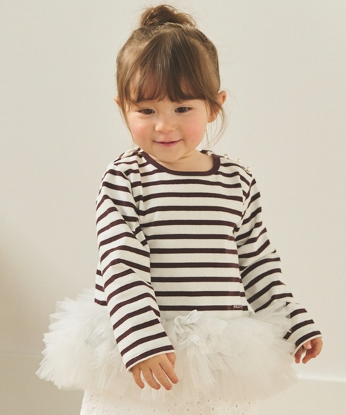 petit main（プティマイン）の「【リンク】ボーダーペプラム長袖Tシャツ（Tシャツ/カットソー・キッズ・ネイビー/ピンク/ブラウン・130cm/120cm/100cm/110cm/90cm/80ｃｍ）」の2枚目の写真