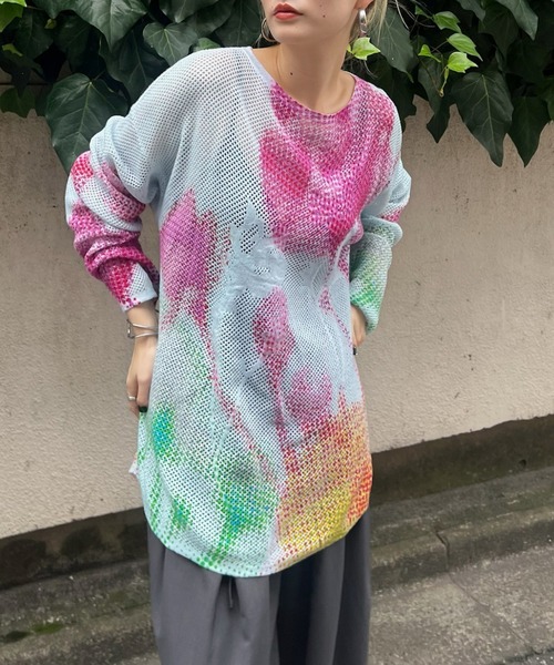 Ameri(アメリ)の「LOW RESOLUTION FLOWER KNIT TOP(ニット/セーター・レディース・ブラック/アイボリー/ブルー・FREE)」の1枚目の写真