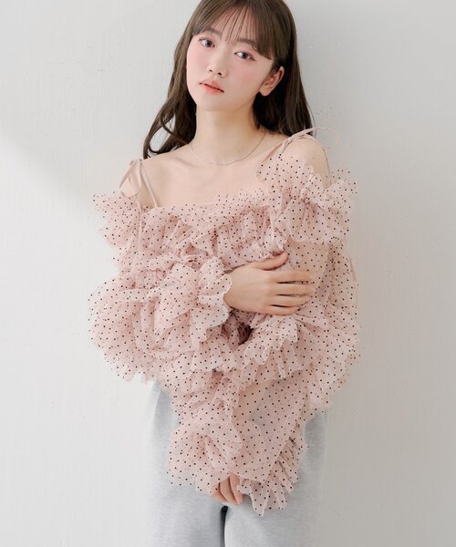 【SALON by Chico】オフショルランダムチュールドットブラウス SALON by Chico】オフショルランダムチュールドットブラウス（シャツ