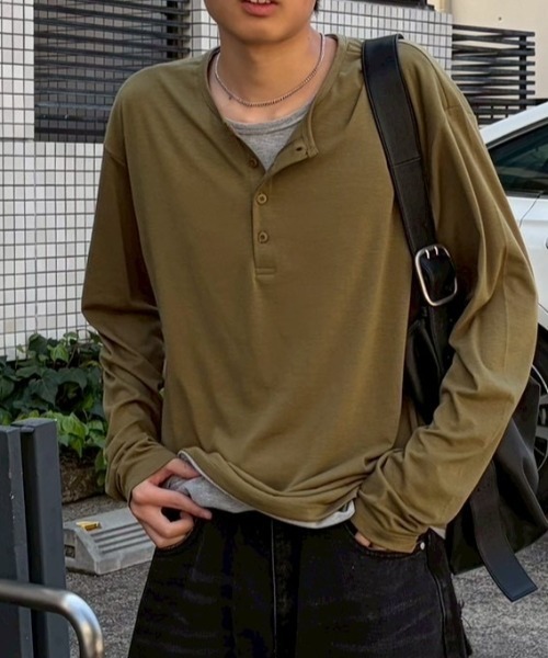 Chikashitsu +】double layered henley neck long sleeve