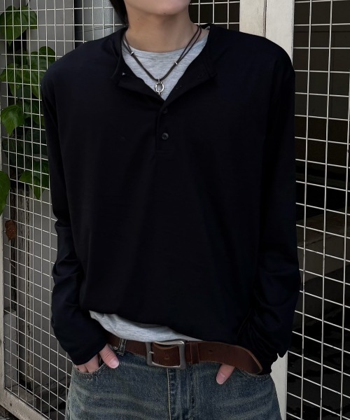 Chikashitsu +】double layered henley neck long sleeve