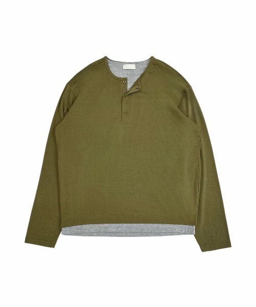 Chikashitsu +(チカシツプラス)の「【Chikashitsu +】double layered henley neck long sleeve / 【チカシツプラス】ダブルレイヤードヘンリーネック長袖Tシャツ<着用動画あり>(Tシャツ/カットソー・メンズ・ブラック/カーキ/ネイビー・ONE SIZE)」の13枚目の写真