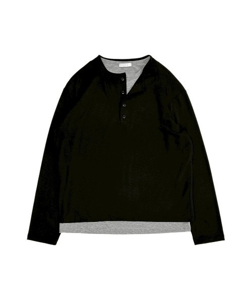[Chikashitsu+] двойной слой Henley с длинным рукавом — double layered henley neck long sleeve
