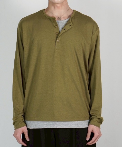 Chikashitsu +】double layered henley neck long sleeve