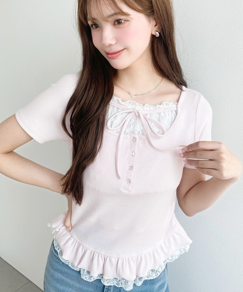 moment+（モーメントプラス）の「レースレイヤード風リボンフリルトップス（Tシャツ/カットソー・レディース・ネイビー/ホワイト系その他/ピンク/アイボリー/ブラック/ブラック系その他/グレー・M/L）」の7枚目の写真