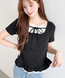 Tシャツ/カットソー（ブラック/黒色系・リボン）ファッション通販