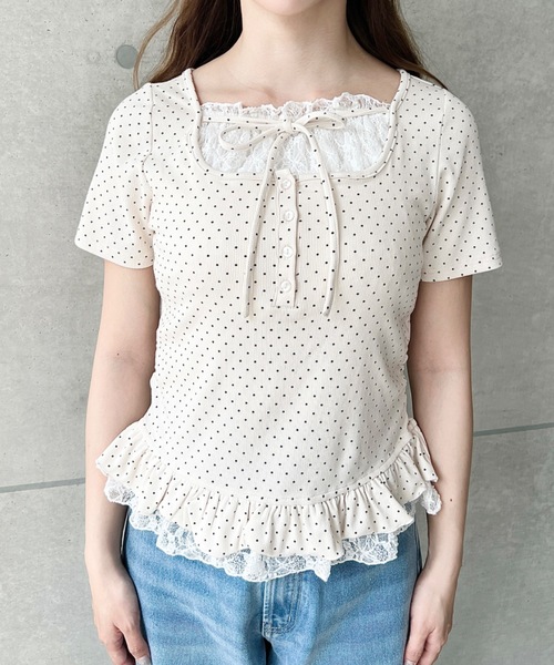 moment+（モーメントプラス）の「レースレイヤード風リボンフリルトップス（Tシャツ/カットソー・レディース・ネイビー/ホワイト系その他/ピンク/アイボリー/ブラック/ブラック系その他/グレー・M/L）」の18枚目の写真
