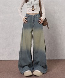 デニムパンツ ワイド レディース ロング グラデーション ルーズ ストレート ブルー