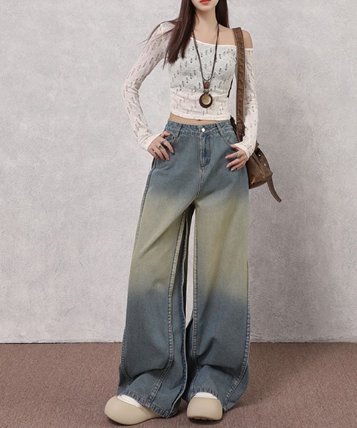 2ly2(トゥーリートゥー)の「デニムパンツ ワイド レディース ロング グラデーション ルーズ ストレート ブルー(デニムパンツ・レディース・ブルー・FREE)」の3枚目の写真