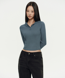 ウィメンズリブスリムフード付き長袖Tシャツ[ピーコックブルー]