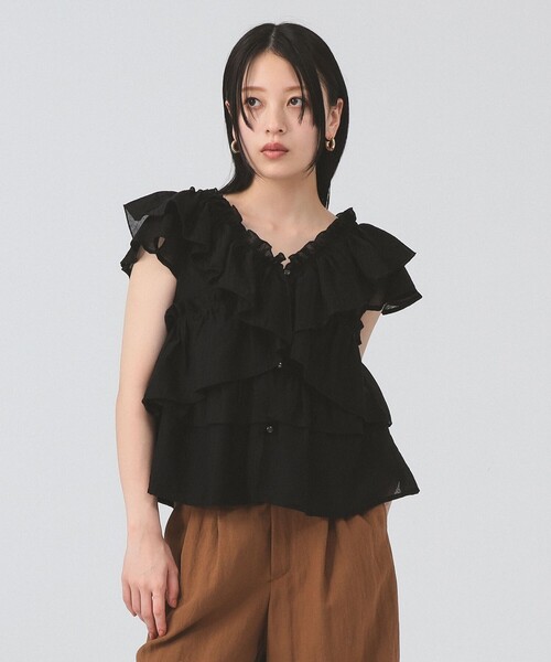 Ray BEAMS（レイビームス）の「ラッフル ティアード Vネック フレンチスリーブ（シャツ/ブラウス・レディース・ミント/ブラック・ONE SIZE）」の6枚目の写真
