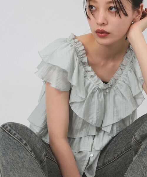 Ray BEAMS（レイビームス）の「ラッフル ティアード Vネック フレンチスリーブ（シャツ/ブラウス・レディース・ミント/ブラック・ONE SIZE）」の11枚目の写真