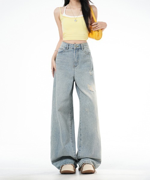 LUCPY（ラクピー）の「ダメージウォッシュワイドデニムパンツ（デニムパンツ・レディース・ブルー・LARGE/MEDIUM/SMALL/X-SMALL）」の4枚目の写真