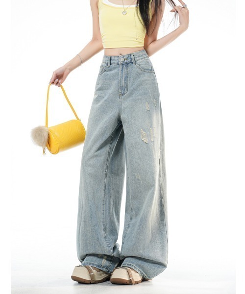LUCPY（ラクピー）の「ダメージウォッシュワイドデニムパンツ（デニムパンツ・レディース・ブルー・LARGE/MEDIUM/SMALL/X-SMALL）」の2枚目の写真