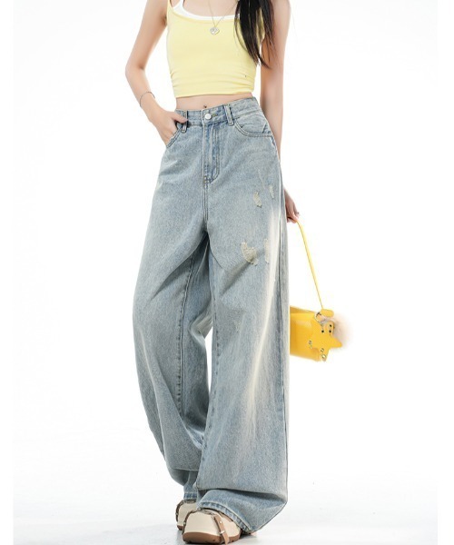 LUCPY（ラクピー）の「ダメージウォッシュワイドデニムパンツ（デニムパンツ・レディース・ブルー・LARGE/MEDIUM/SMALL/X-SMALL）」の3枚目の写真