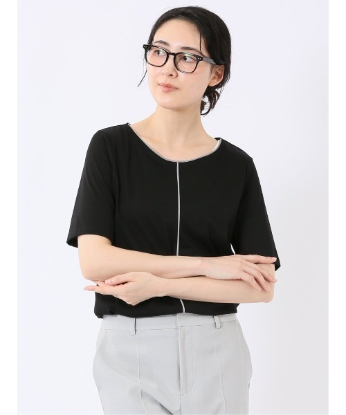 m.f.editorial(エムエフエディトリアル)の「【綺麗目 ストレッチ 接触冷感】m.f.エディトリアル レディース 配色ライン クルーネック 半袖 プルオーバー(Tシャツ/カットソー・レディース・ブラック/ホワイト/ライトグレー・MEDIUM/LARGE)」の2枚目の写真