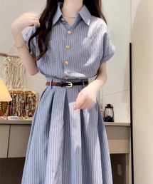 襟付き 半袖 ウエスト切替 ロング丈 シャツワンピース