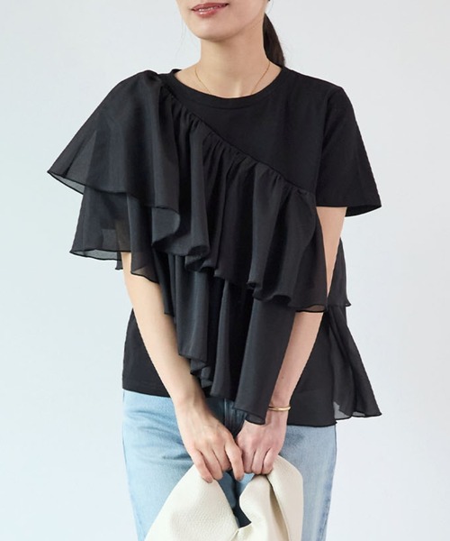 Futier land(フューティアランド)の「シフォンドッキングフリルTシャツ(Tシャツ/カットソー・レディース・ホワイト/ホワイト系その他/ブラック・MEDIUM/LARGE)」の1枚目の写真