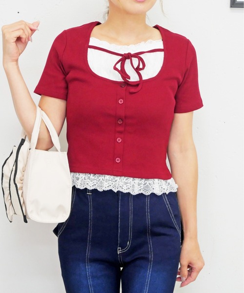 FUN(ファン)の「レースカサネプルオーバー(Tシャツ/カットソー・レディース・レッド/グレー/ブラック/ドット・FREE)」の4枚目の写真