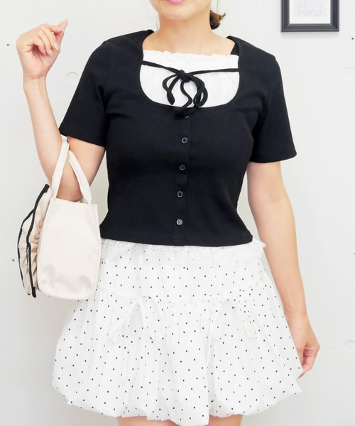 FUN(ファン)の「レースカサネプルオーバー(Tシャツ/カットソー・レディース・レッド/グレー/ブラック/ドット・FREE)」の2枚目の写真